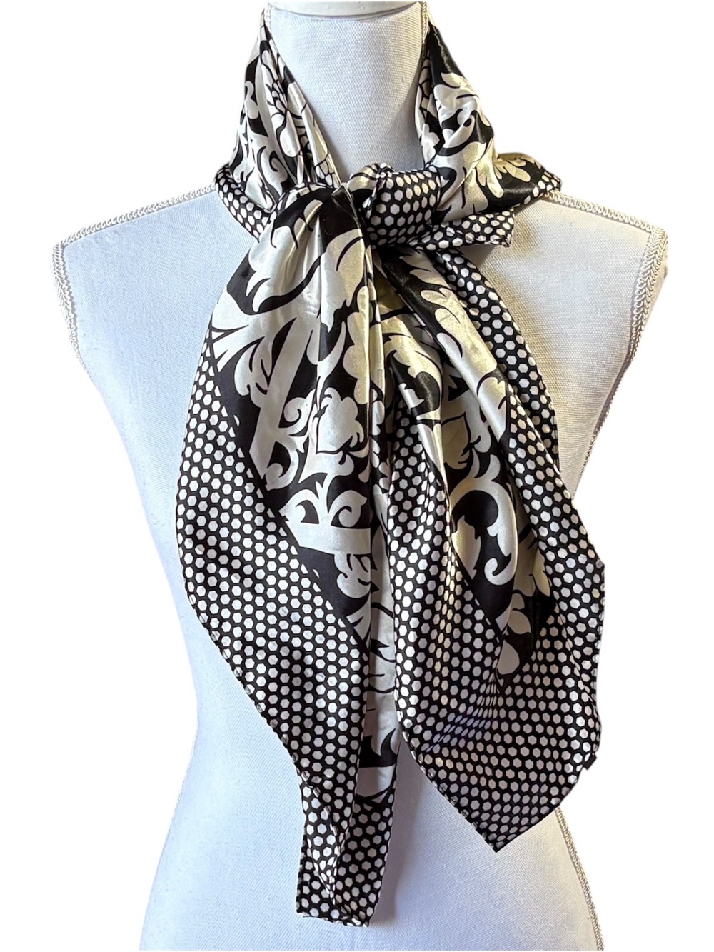 MOSI Satin Like Scarf Black & Cream Floral Damask Print